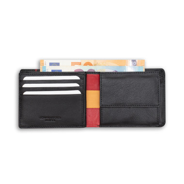 Large American leather wallet with Spanish flag design in brown, front view on white background - MONPIEL 2