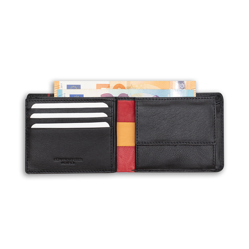 Large American-style leather wallet featuring Spanish flag, in black color, open, on a white background - MONPIEL