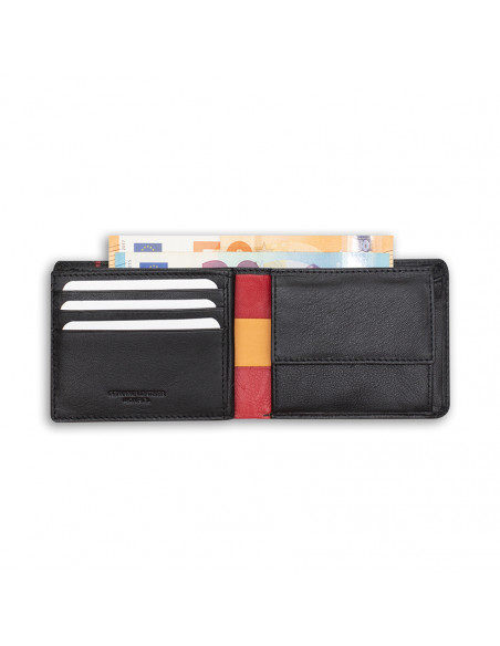 Large American-style leather wallet featuring Spanish flag, in black color, open, on a white background - MONPIEL