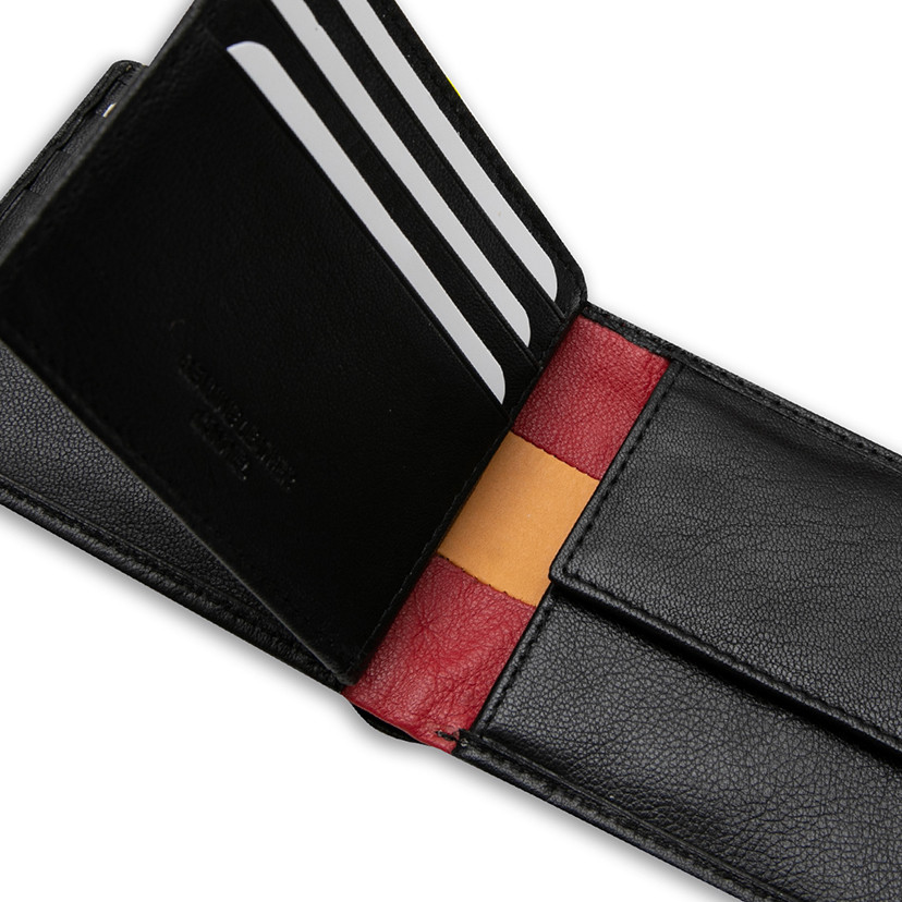 Large American-style leather wallet featuring Spanish flag, in black color, interior detail, on a white background - MONPIEL