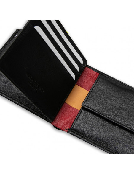 Grand portefeuille américain en cuir avec design drapeau espagnol, couleur noire, détail intérieur sur fond blanc - MONPIEL