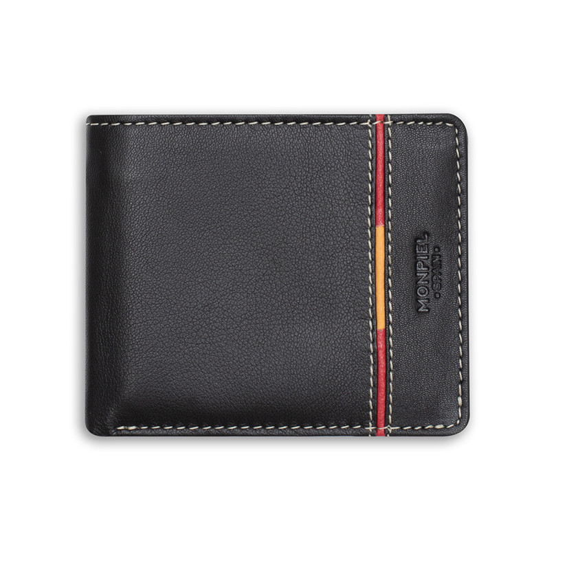 Large American-style leather wallet featuring Spanish flag, in black color, front view, on a white background - MONPIEL