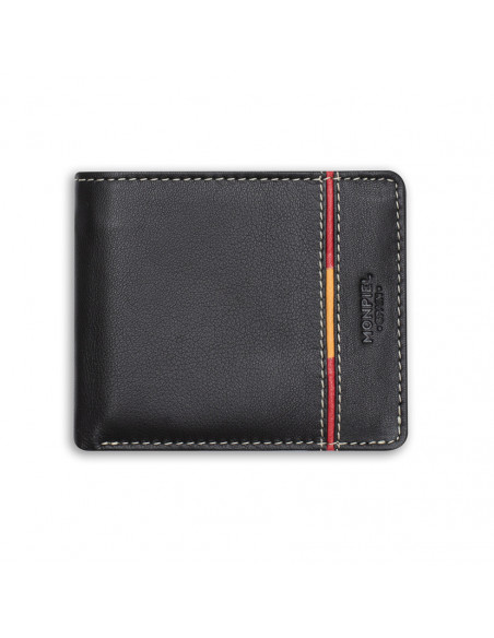 Large American-style leather wallet featuring Spanish flag, in black color, front view, on a white background - MONPIEL