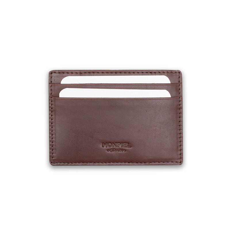 Magic leather card case in brown color, front view, on a white background - MONPIEL