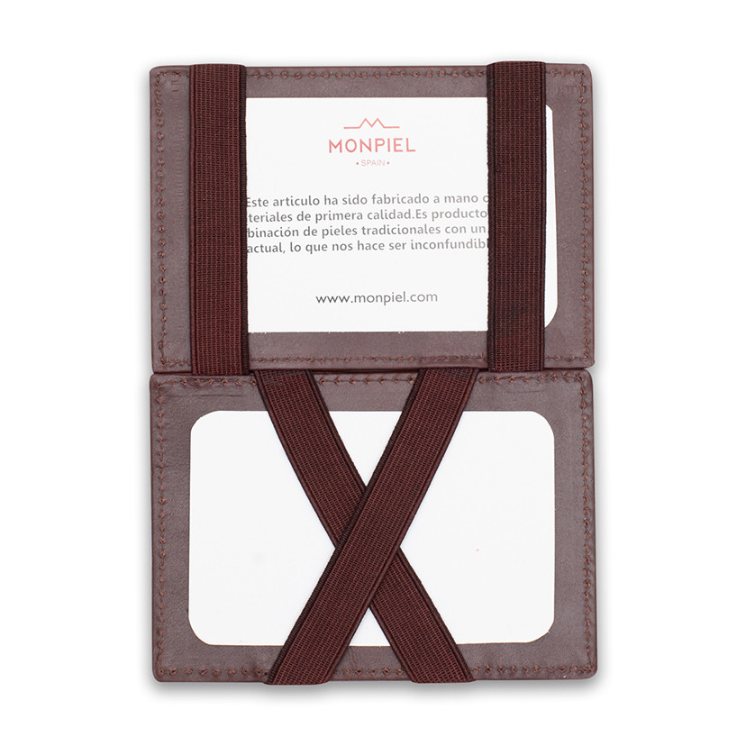 Magic leather card case in brown color, open, on a white background - MONPIEL