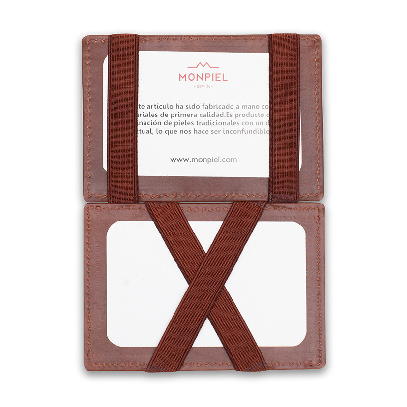 Magic leather cardholder in Havana color, open, on a white background - MONPIEL