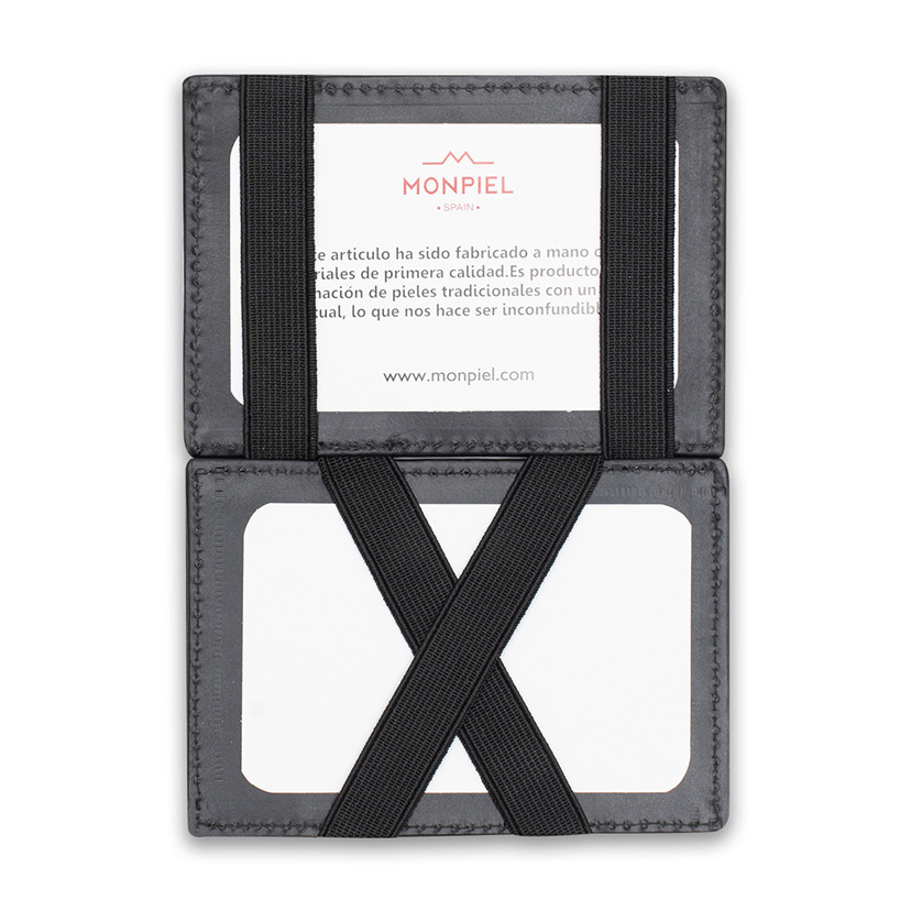 Magic leather cardholder in black color, open, on a white background - MONPIEL