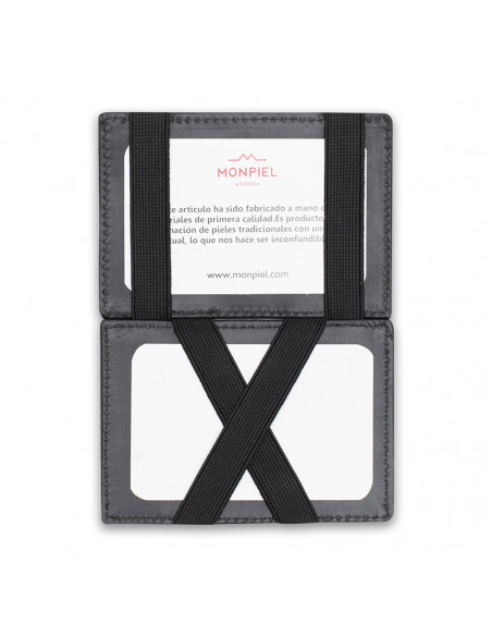 Magic leather card case in black color, open, on a white background - MONPIEL Magic leather card case in black color, open, on a white background - MONPIEL