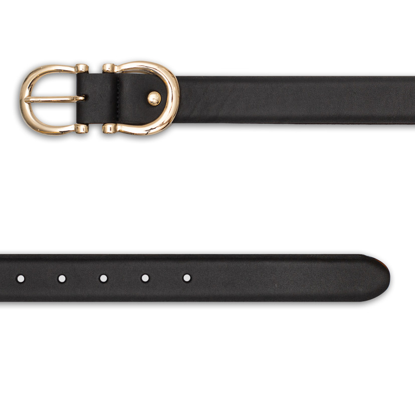 Women’s double buckle leather belt in black, front view, on a white background - MONPIEL