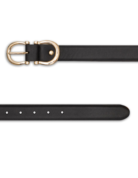 Women’s double buckle leather belt in black, front view, on a white background - MONPIEL