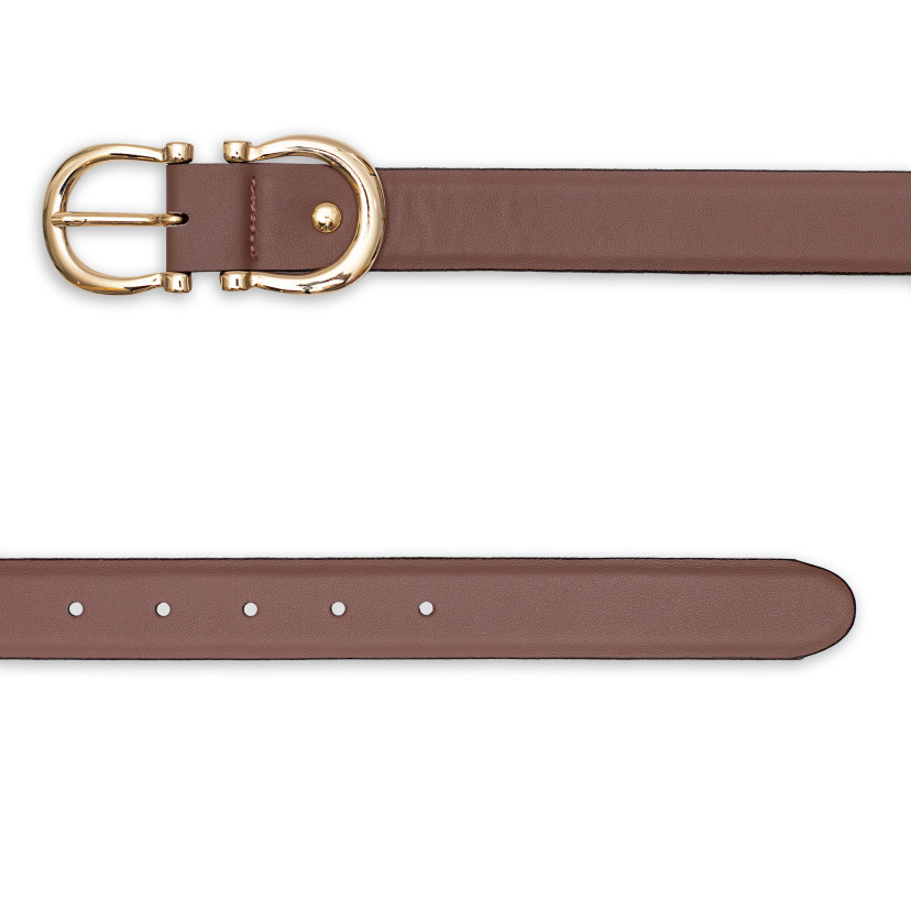 Women’s double buckle leather belt in pink blush color, front view, on a white background - MONPIEL