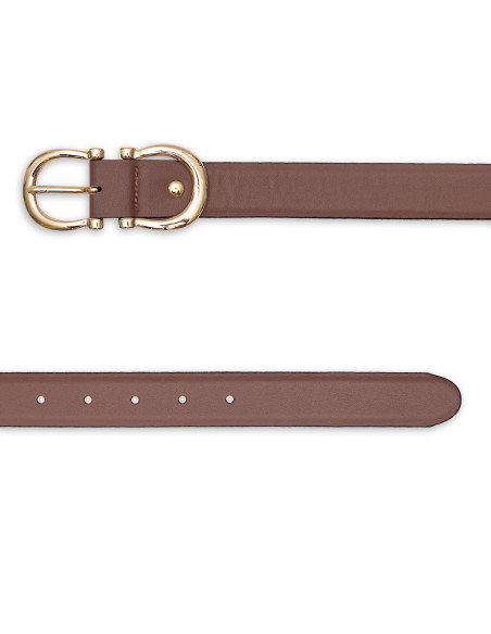 Women’s double buckle leather belt in pink blush color, front view, on a white background - MONPIEL