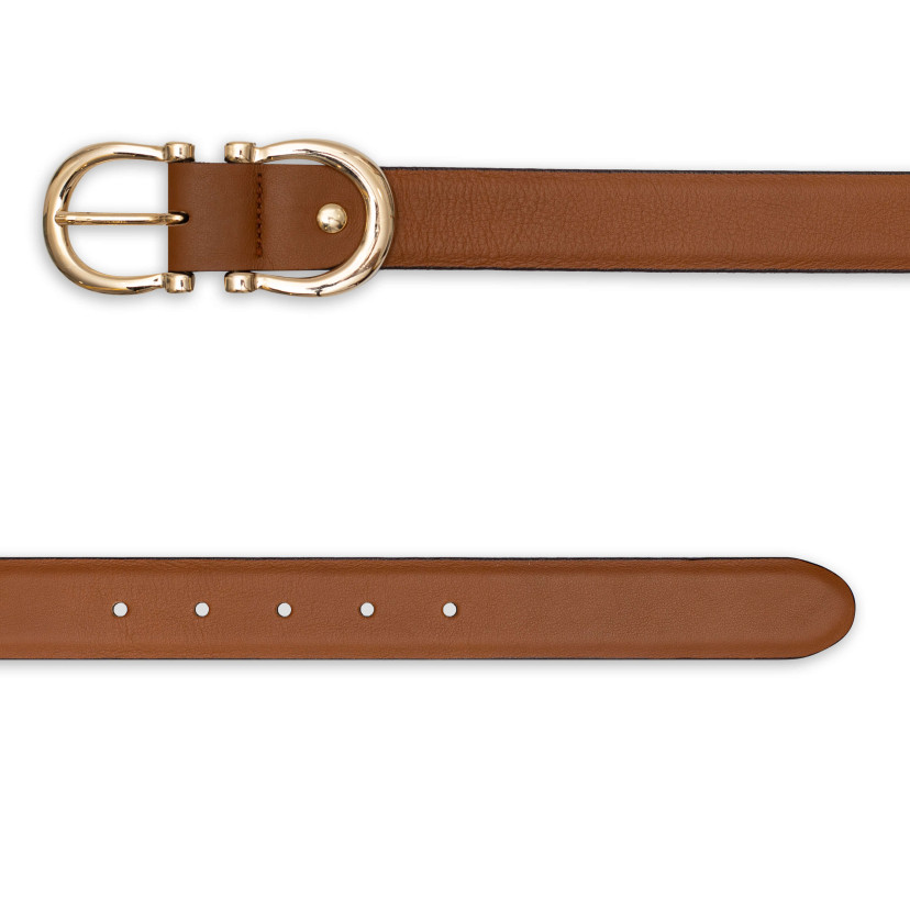 Women’s double buckle leather belt in tan color, front view, on a white background - MONPIEL