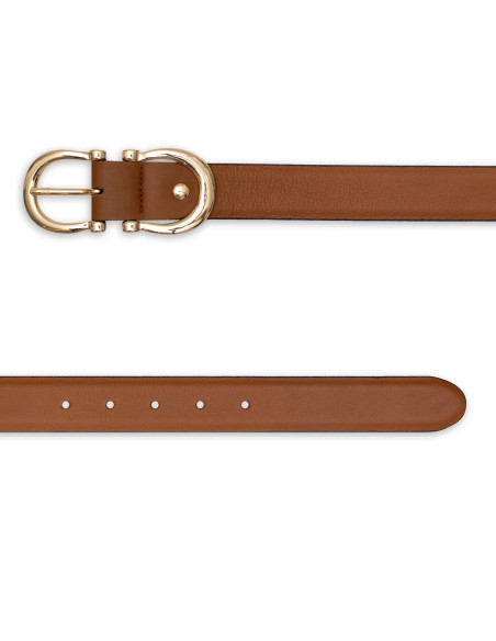 Women’s double buckle leather belt in tan, front view on white background - MONPIEL Women’s double buckle leather belt in tan, front view on white background - MONPIEL