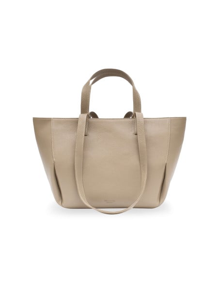 Borsa a cestino in pelle color taupe con vista frontale su sfondo bianco - MONPIEL