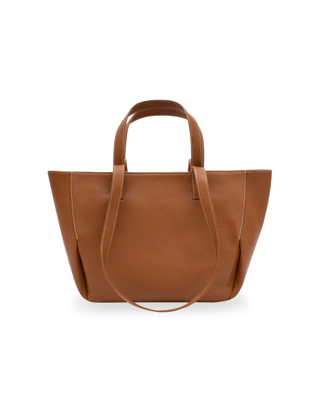 Borsa a cestino in pelle color cuoio con vista frontale su sfondo bianco - MONPIEL
