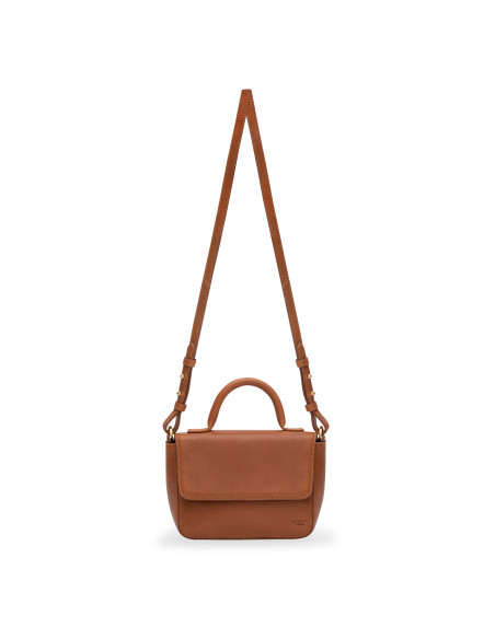 Borsa piccola in pelle Armado in colore cuoio, vista frontale con tracolla lunga su sfondo bianco - MONPIEL