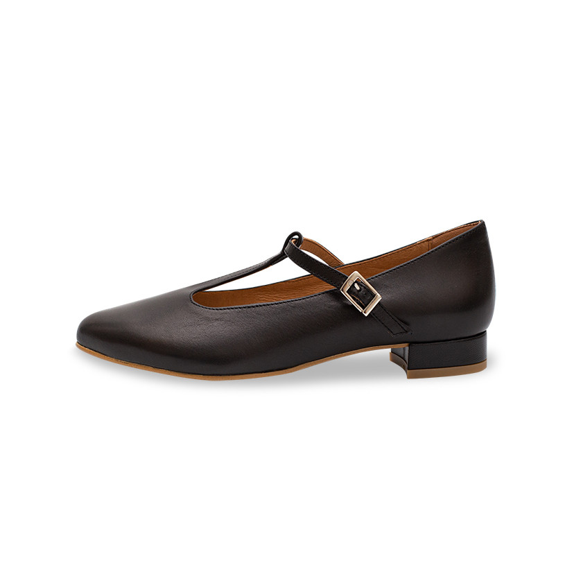 Mary Janes femininas Marieta de couro preto com vista de perfil sobre fundo branco - MONPIEL