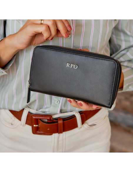 Three custom gold-engraved initials on a black leather wallet - MONPIEL