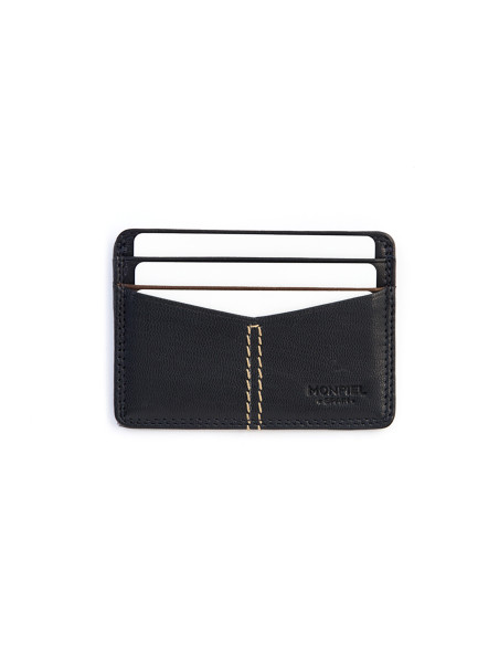 Western leather cardholder in navy color, front view, on a white background - MONPIEL Western leather cardholder in navy color, front view, on a white background - MONPIEL