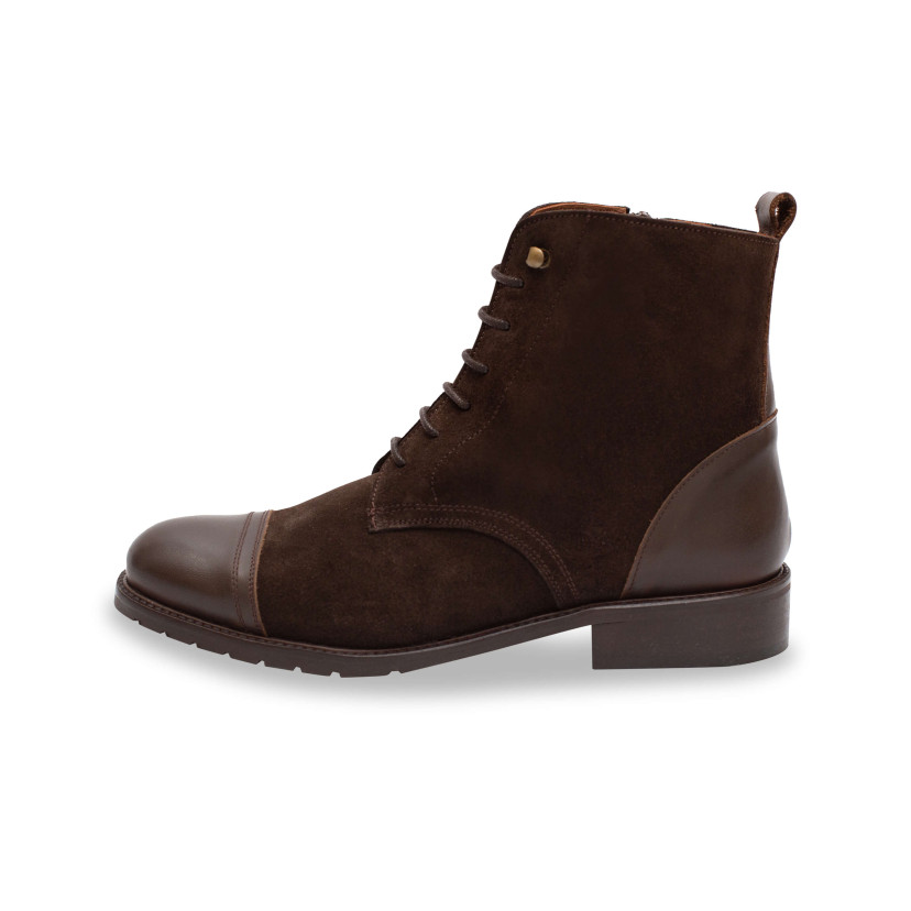 Women’s leather lace-up ankle boots in brown color, side view, on a white background - MONPIEL