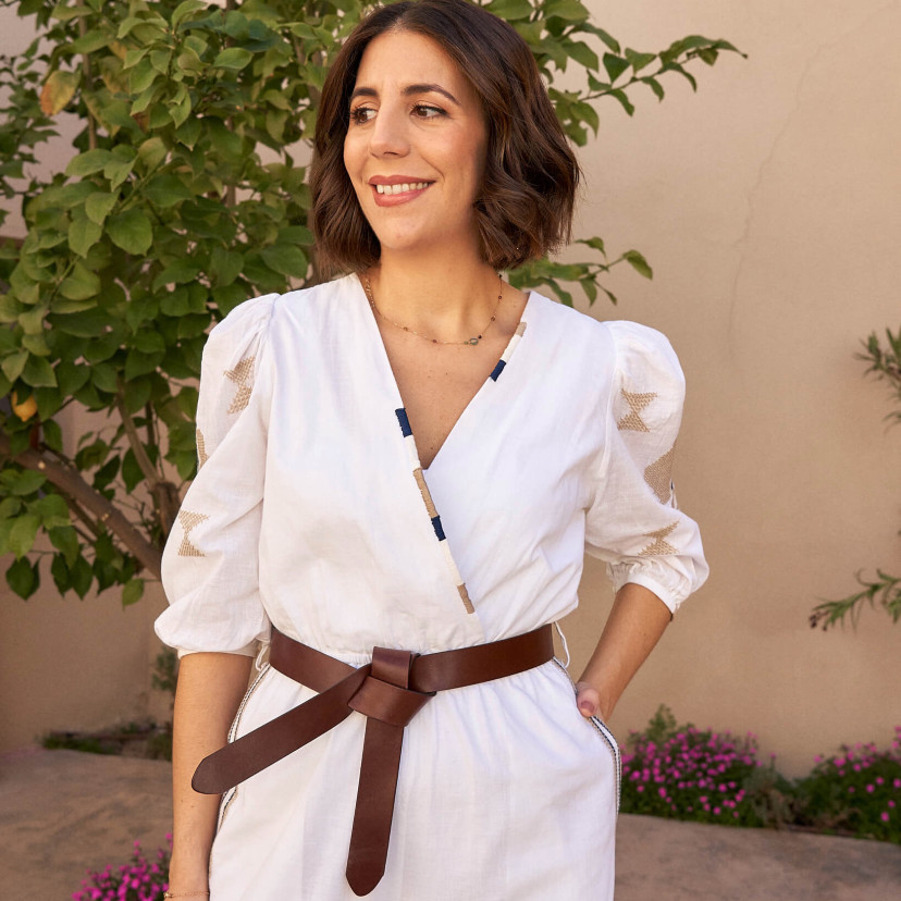 Hand-embroidered white ethnic jumpsuit, front view, medium shot - MONPIEL