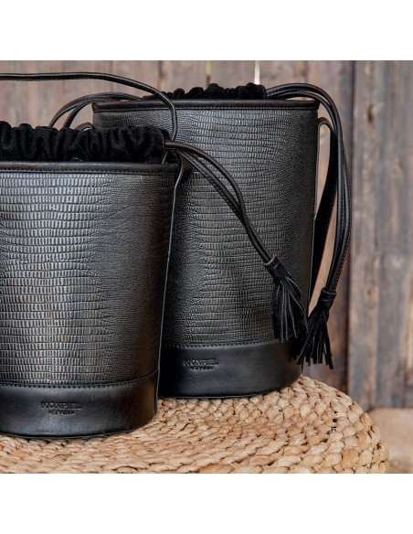 Small round bucket leather bag in black snakeskin pattern, front view - MONPIEL
