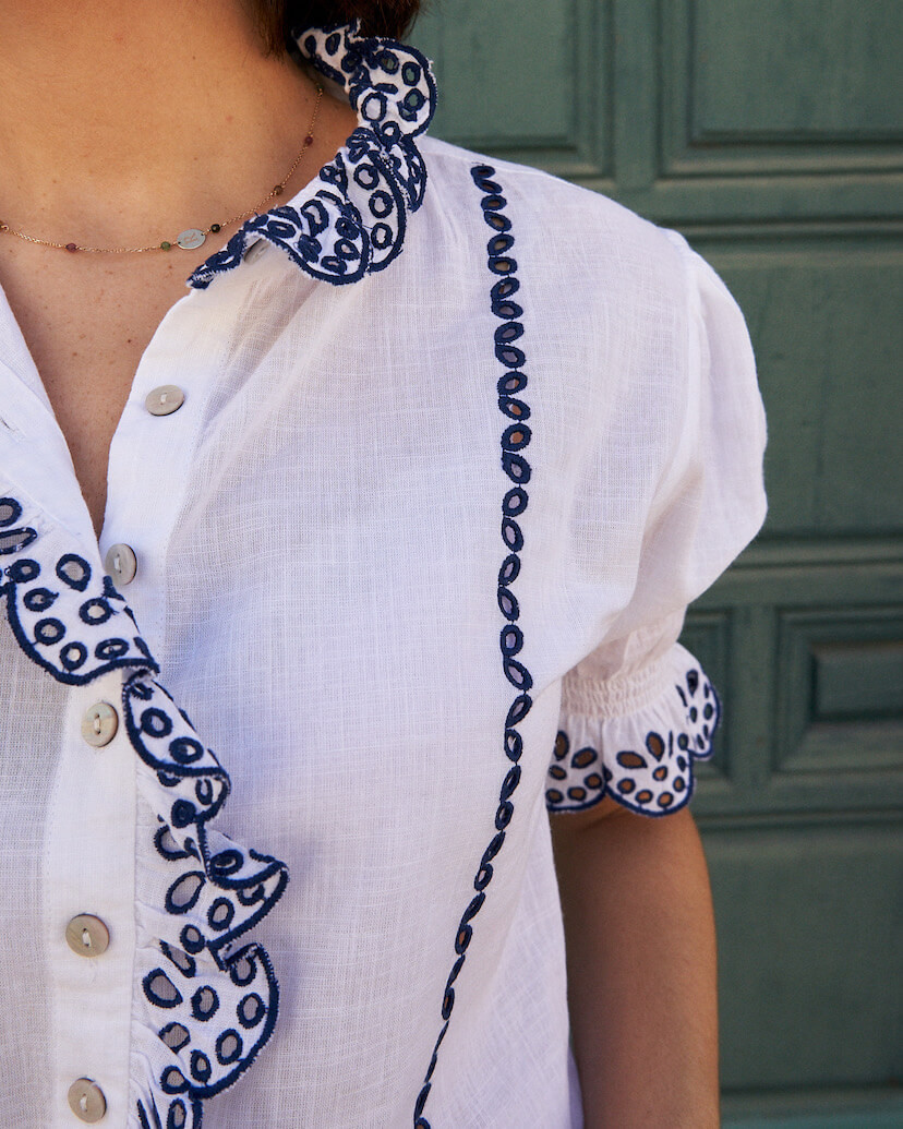 Short-sleeve white lace blouse, sleeve lace detail - MONPIEL