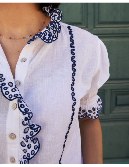 Camicia in pizzo a maniche corte di colore bianco, dettaglio del pizzo sulla manica - MONPIEL