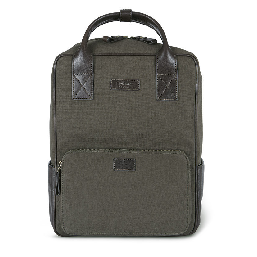Sport canvas and leather backpack in green color, front view, on a white background - MONPIEL