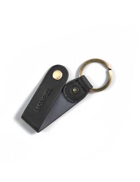 Black leather keychain, open, slightly tilted on a white background - MONPIEL Black leather keychain, open, slightly tilted on a white background - MONPIEL
