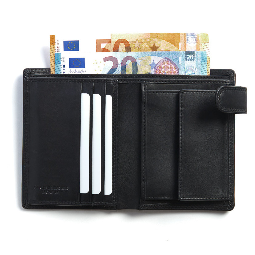 Carteira XL de couro preto com fecho de pressão e porta-moedas, aberta, mostrando detalhes dos slots para cartões - MONPIEL