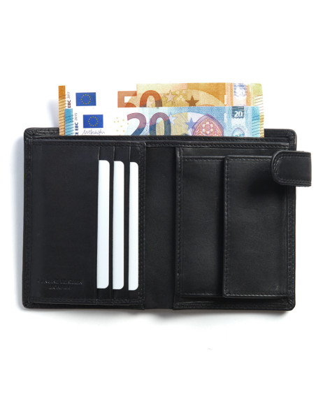 XL leather wallet with clasp and coin pocket in black color, open, showing card slots detail - MONPIEL