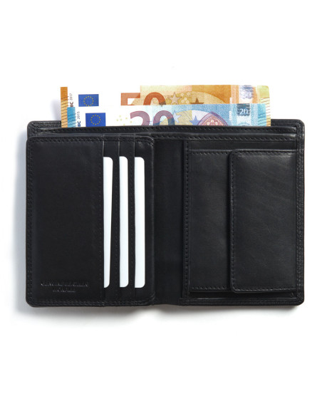 Portafoglio XL in pelle con portamonete, aperto, con dettaglio delle fessure per carte e portamonete, nero, su sfondo - MONPIEL