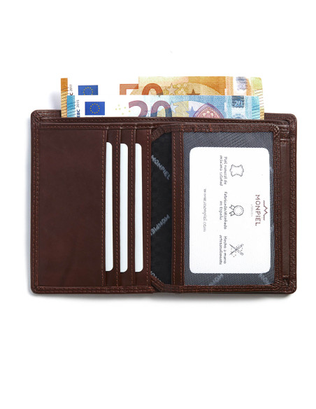 XL leather wallet with coin pocket, open, showing card slot details, brown, on white background - MONPIEL
