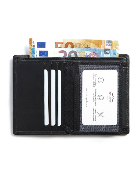 Portefeuille XL en cuir noir avec porte-monnaie, ouvert, détails des emplacements pour cartes et du porte-monnaie, sur - MONPIEL