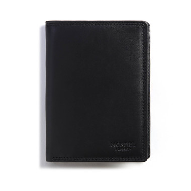 XL leather wallet with coin pocket, black, front view on white background - MONPIEL