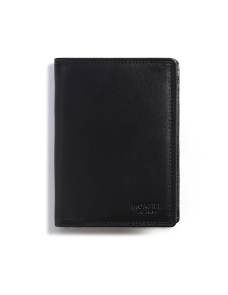 Portafoglio XL in pelle con portamonete, nero, vista frontale su sfondo bianco - MONPIEL