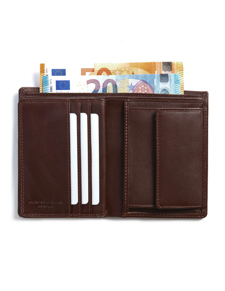 Portefeuille XL en cuir marron avec porte-monnaie, ouvert, détails des emplacements pour cartes et du porte-monnaie, s - MONPIEL
