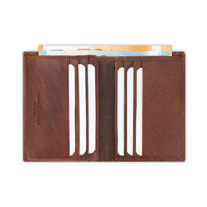 Havana leather wallet with elastic band, open, on a white background - MONPIEL
