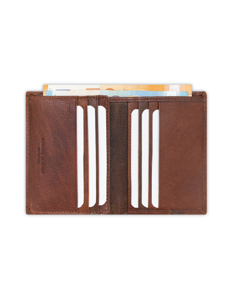 Havana-colored leather wallet with elastic strap, opened on a white background - MONPIEL