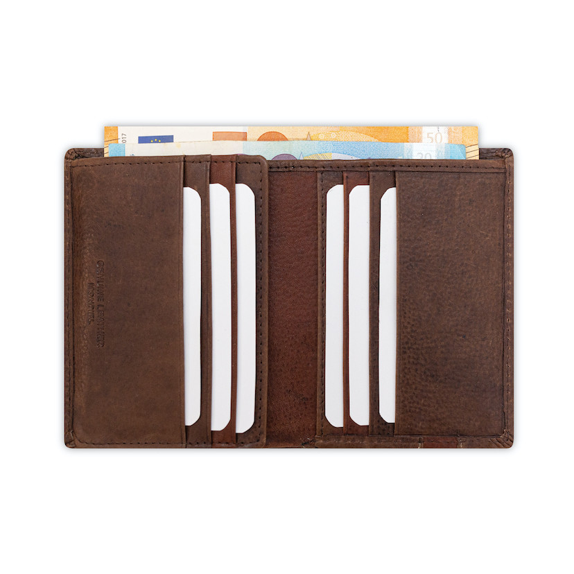 Brown leather wallet with elastic band, open, on a white background - MONPIEL