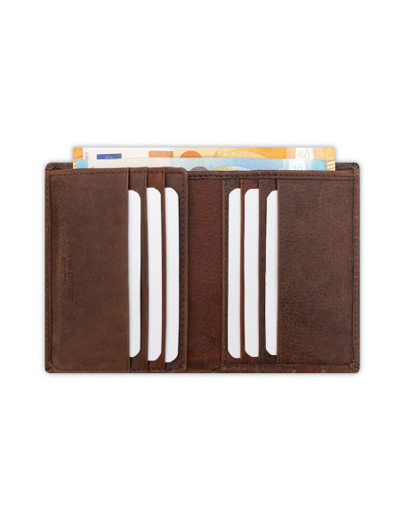 Brown leather wallet with elastic strap, opened on a white background - MONPIEL
