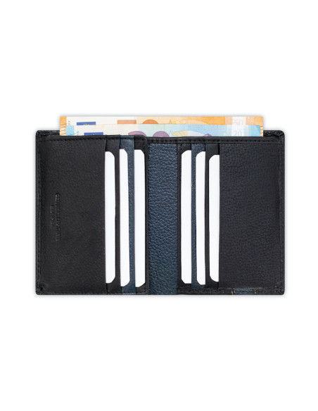 Black leather wallet with elastic band, open, on a white background - MONPIEL