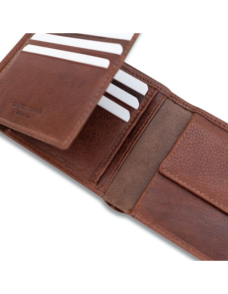 Havana-colored leather wallet with elastic strap, open with card slots on a white background - MONPIEL