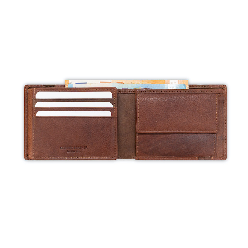 Havana leather bi-fold wallet with coin pocket and elastic band, open, on a white background - MONPIEL