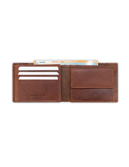 Havana leather bi-fold wallet with coin pocket and elastic band, open, on a white background - MONPIEL Havana leather bi-fold wallet with coin pocket and elastic band, open, on a white background - MONPIEL