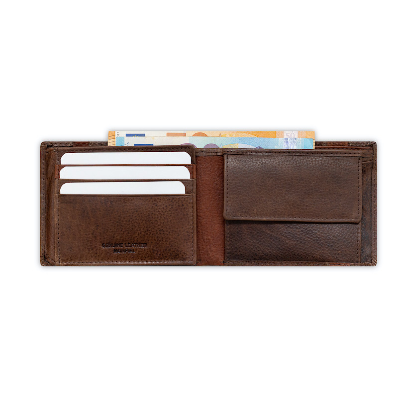 Brown leather bi-fold wallet with coin pocket and elastic band, open, on a white background - MONPIEL