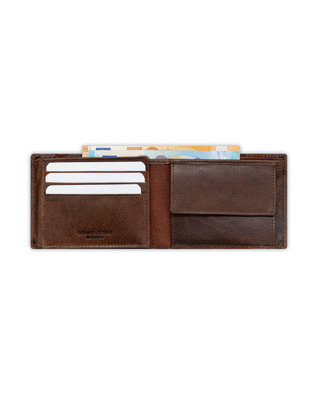 Brown leather bi-fold wallet with coin pocket and elastic band, open, on a white background - MONPIEL Brown leather bi-fold wallet with coin pocket and elastic band, open, on a white background - MONPIEL