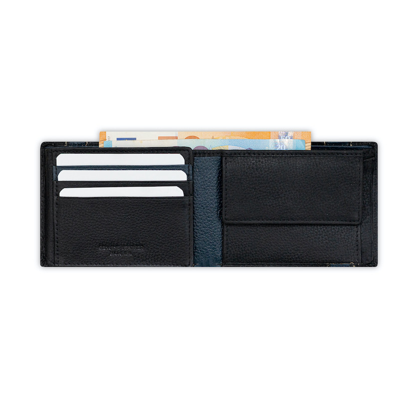 Black leather bi-fold wallet with coin pocket and elastic band, open, on a white background - MONPIEL
